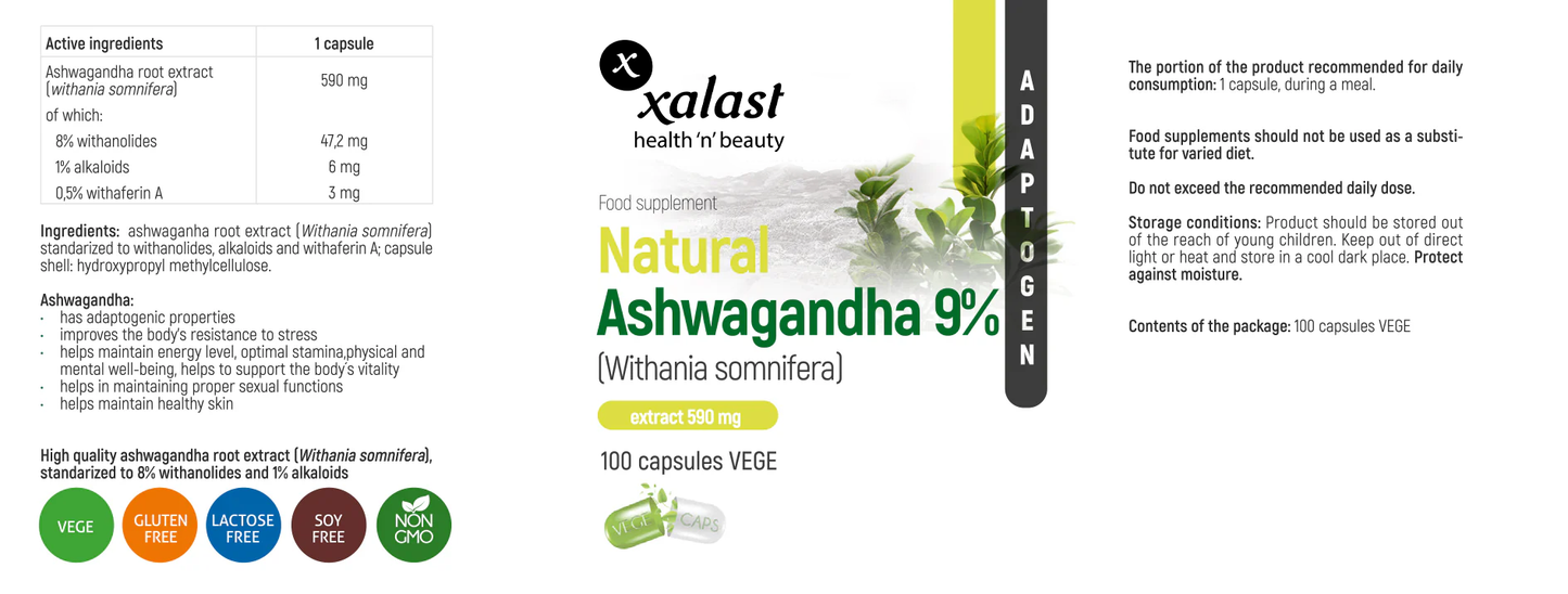 Xalast Natural Ashwagandha (Withania Somnifera) 580 mg 9%, 100 Vegan capsules™